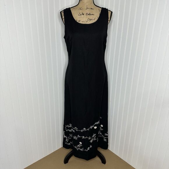 Vintage Kenar Maxi Dress Sz 10 Linen Blend Black Floral Embroidered Hem Fall - Picture 16 of 16